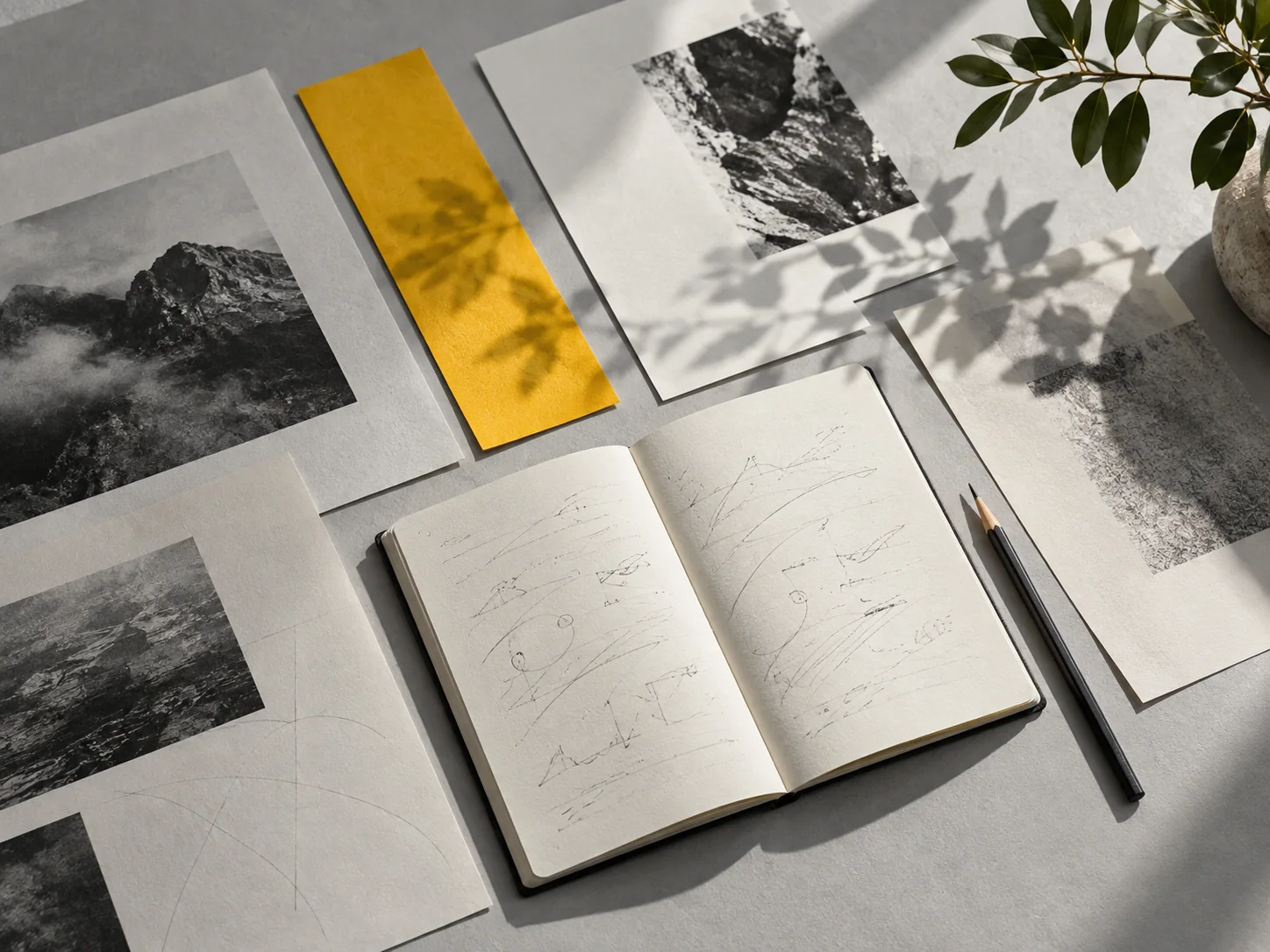 Printed pages and a notebook arranged for a writing session