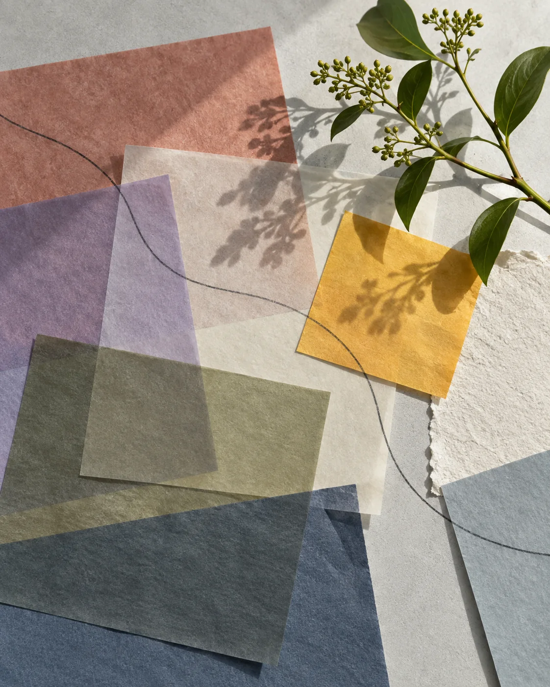 Layers of colored paper with a green branch casting a branching shadow